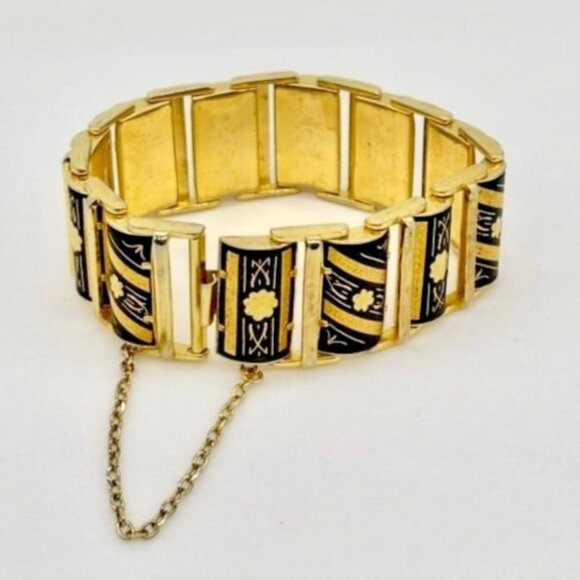 Unmarked Jewelry - Vintage Damascene Links Bracelet Gold-Tone Metal with Etched Black Floral Motif~